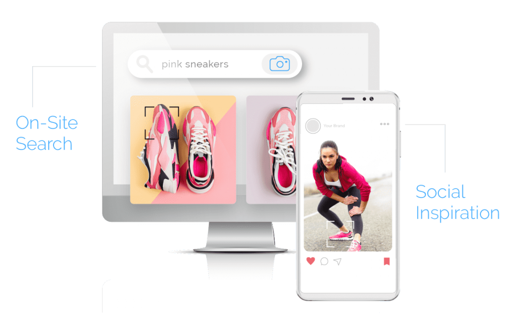 Image featuring a computer screen displaying pink sneakers and text to left: On-site search, and a woman wearing the sneakers inset within a mobile phone screen and text to the right: Social inspriation